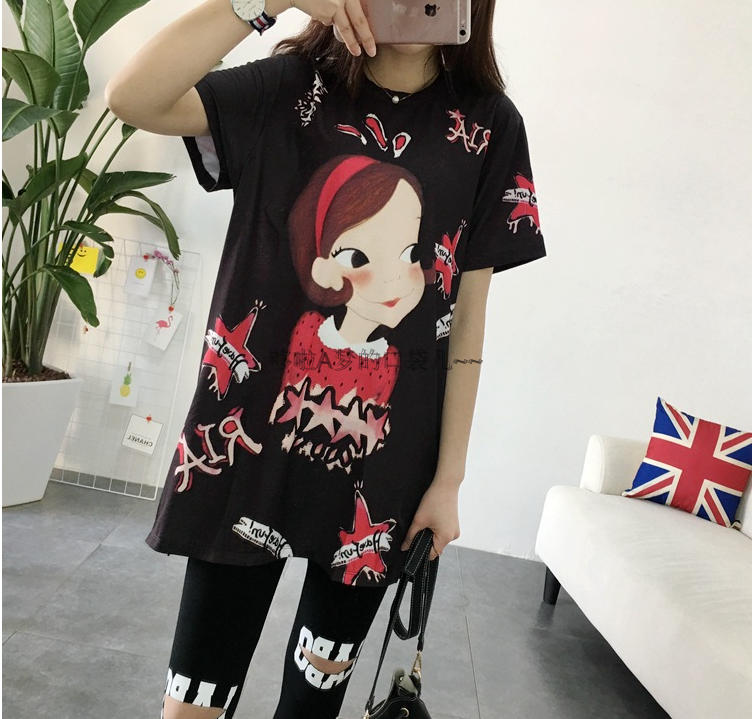 夏季新款韩版女孩印花弹力纯棉长版短袖 女装T恤衫