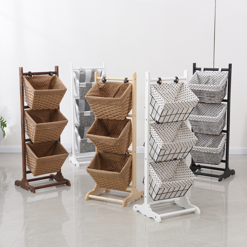 家用零食收纳架藤编置物架实木储物架客厅整理架多层布艺落地阳台