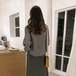 2025春季新款女装港味宽松bf灯笼袖格子衬衫女长袖上衣衬衣外套