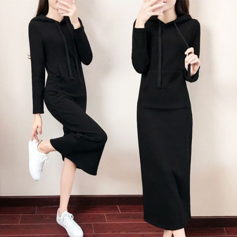 中长款连帽卫衣女2025新款秋冬装大码长袖修身收腰套头打底连衣裙