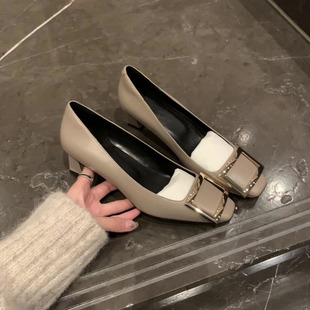 2025春秋新款马蹄跟方头方扣粗跟浅口单鞋女高跟鞋通勤工作鞋瓢鞋