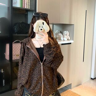 美式复古豹纹连帽长袖卫衣外套女春季休闲开衫设计感慵懒宽松上衣
