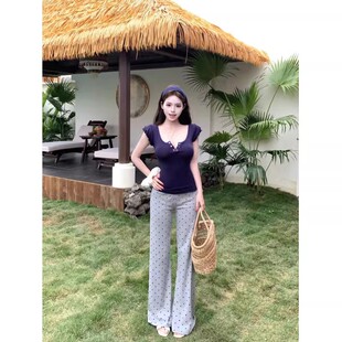 纯欲风u领小飞袖T恤女夏季收腰修身小个子藏蓝色紧身短款百搭上衣