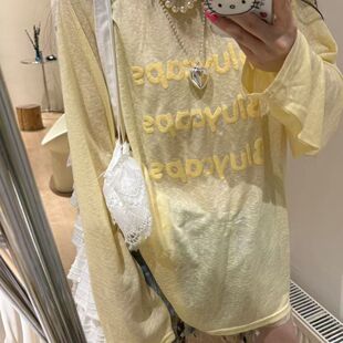 韩系字母印花长袖T恤女夏季设计感小众黄色薄款防晒罩衫慵懒上衣