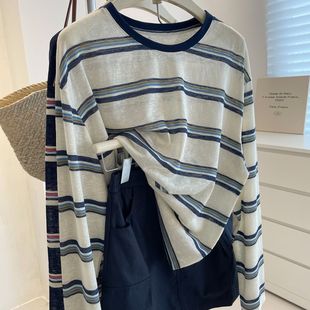 上衣夏季 韩版 T恤女宽松慵懒防晒衫 微弹圆领长袖 复古条纹撞色薄款