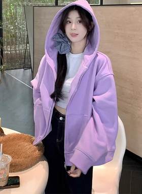 加绒加厚保暖连帽卫衣外套女2024冬季新款韩系双拉链宽松长袖上衣