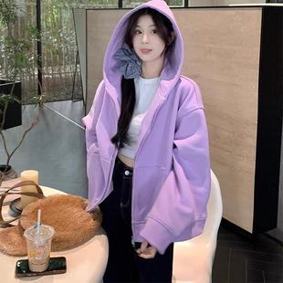 加绒加厚保暖连帽卫衣外套女2024冬季新款韩系双拉链宽松长袖上衣
