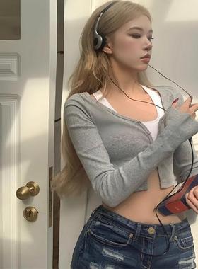 辣妹v领长袖T恤女装春季灰色紧身复古设计感bm风短款防晒开衫上衣