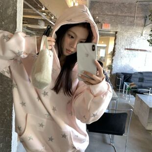 甜妹粉色星星长袖连帽卫衣女秋季新款慵懒风宽松显瘦休闲套头上衣