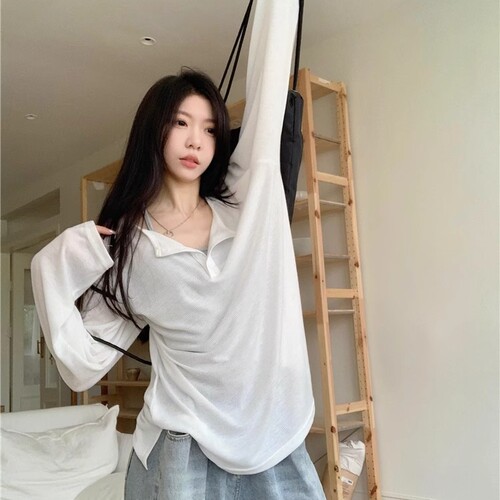 白色宽松中长款T恤女春季2025年新款慵懒风外搭长袖防晒罩衫上衣