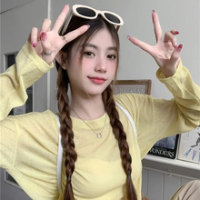 韩系黄色防晒针织长袖T恤女夏季百搭宽松薄款空调衫休闲罩衫上衣