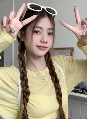 韩系黄色防晒针织长袖T恤女夏季百搭宽松薄款空调衫休闲罩衫上衣