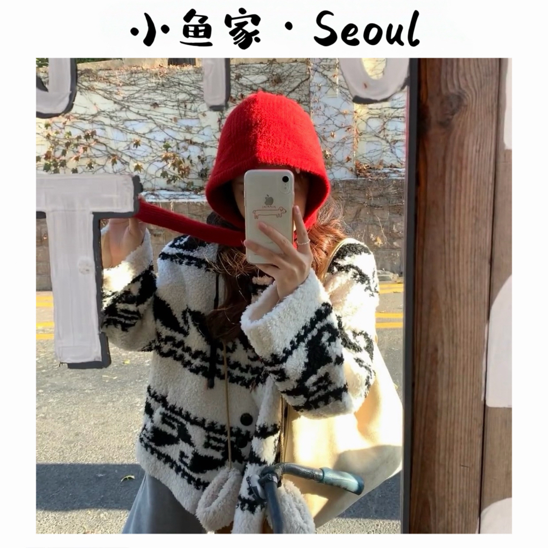 【珊瑚海】韩风费尔岛提花珊瑚绒连帽外套百搭显瘦氛围感毛衣外套