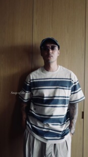 MADNESS STRIPED PRINT TEE 21SS 余文乐同款蓝绿条纹短袖口袋T恤