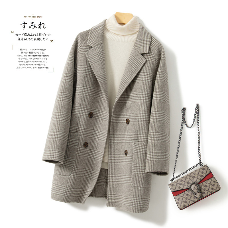 秋冬新款格子无羊绒毛双面呢大衣