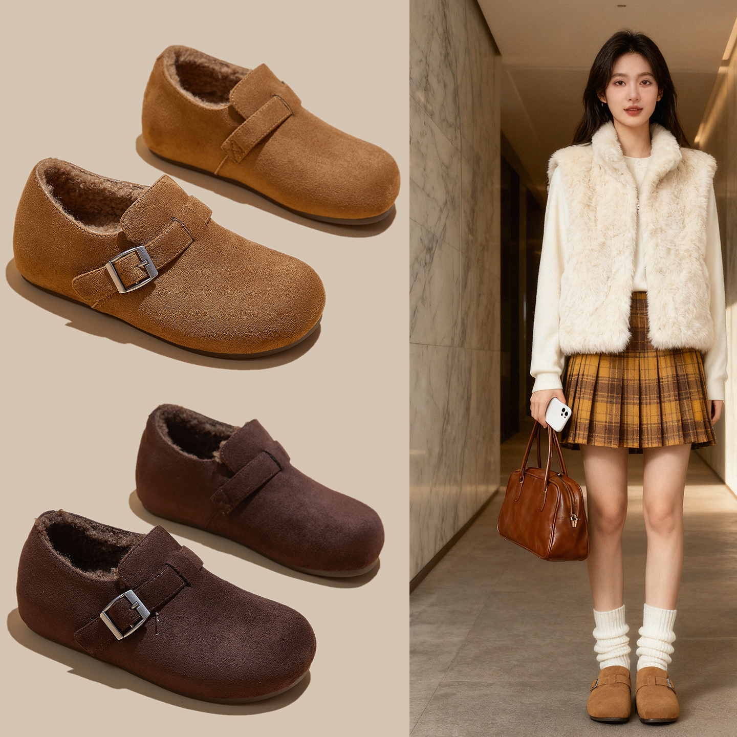 加绒勃肯鞋女冬季棉鞋内增高女鞋