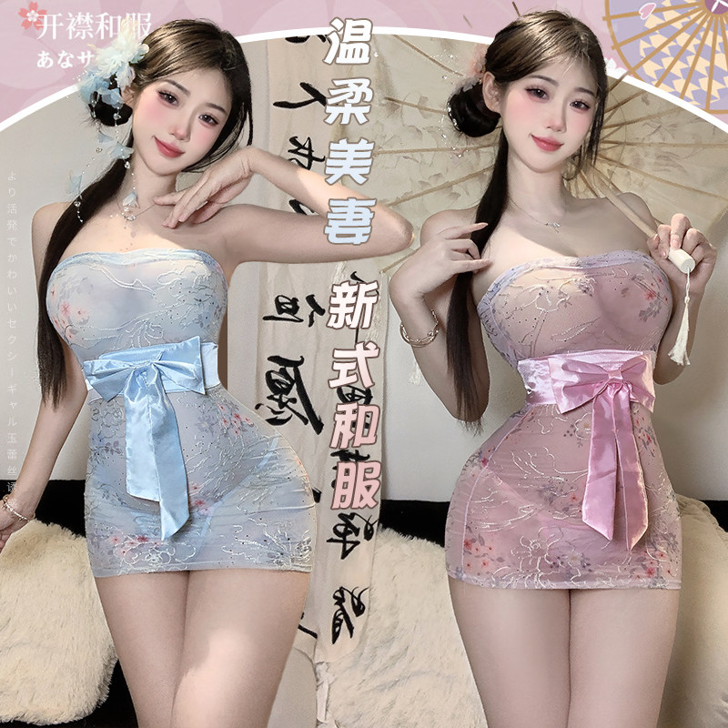 网红擦边连衣裙印花可视和服性感抹胸包臀睡裙制服不脱睡衣套装