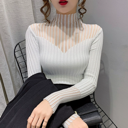 Кружевной трикотажный демисезонный приятный телу свитер, высокий воротник, облегающий крой, в западном стиле, по фигуре