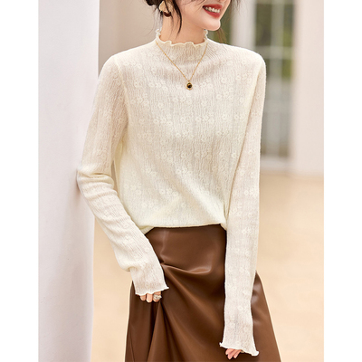 软糯舒适半高领针织衫女宽松蕾丝提花打底衫内搭毛衣洋气百搭套头