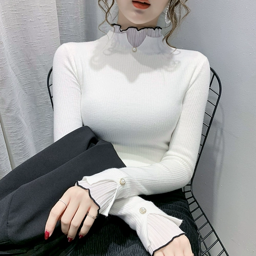 Демисезонный шифоновый трикотажный свитер, 2023, высокий воротник, по фигуре