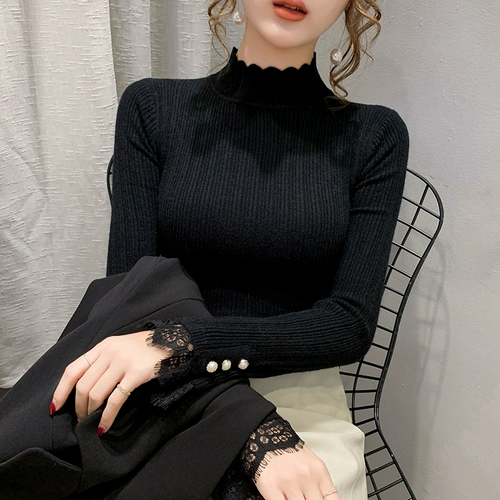 Кружевной трикотажный приятный телу свитер, высокий воротник, по фигуре