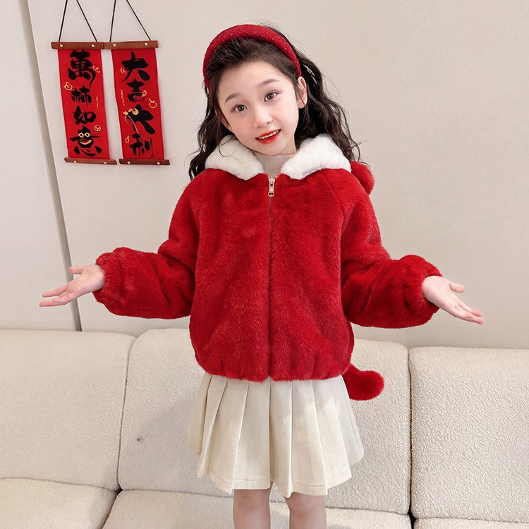女童红色加绒加厚仿皮草外套年服