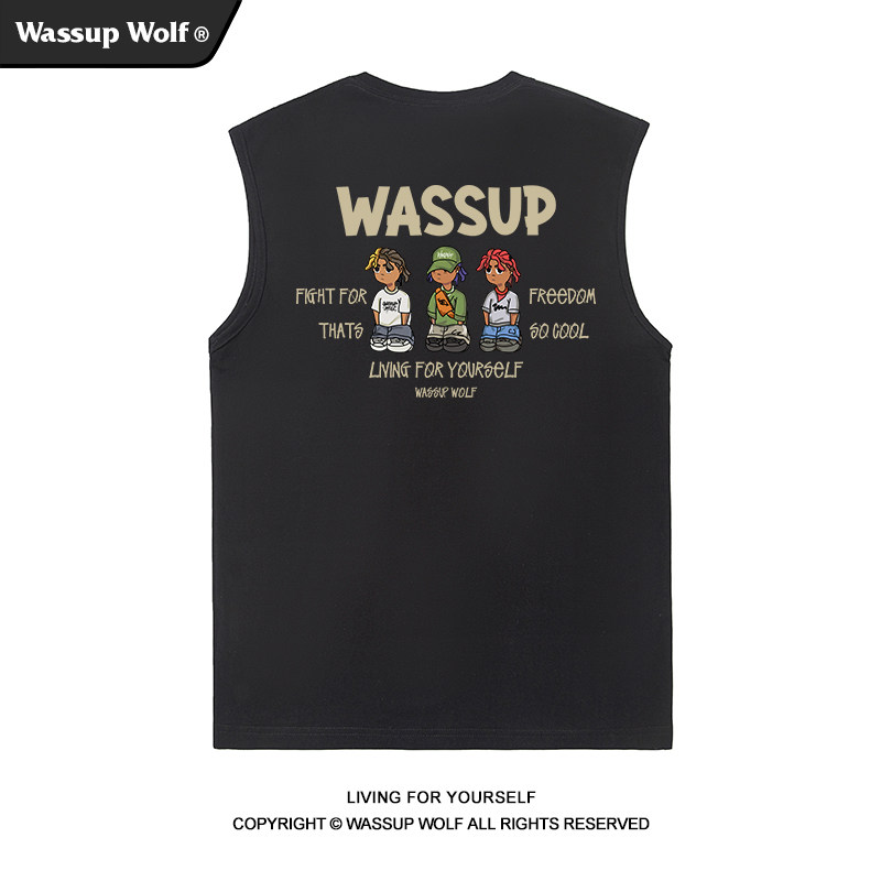 Wassup Wolf夏季无袖t恤男女美式运动篮球背心国潮牌宽松纯棉坎肩
