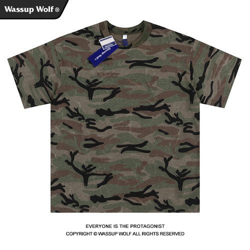 WassupWolf美式复古迷彩短袖t恤