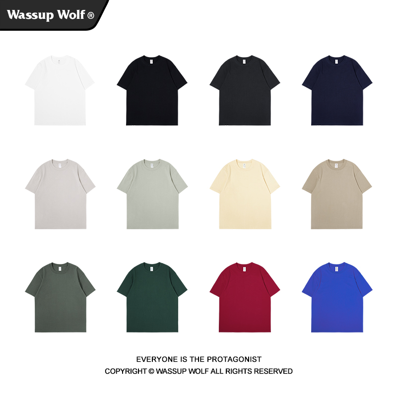 WASSUP美式250g重磅纯棉短袖t恤男女夏季圆领半袖情侣纯色打底衫
