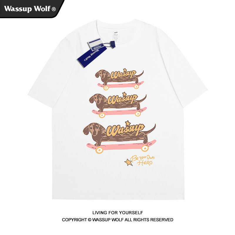Wassup Wolf美式休闲运动趣味小狗短袖T恤男夏季宽松情侣重磅上衣