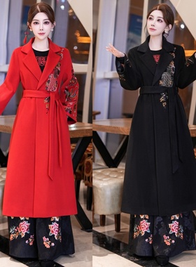 秋冬中式复古刺绣毛呢大衣女中长款翻领系带气质显瘦外套风衣女