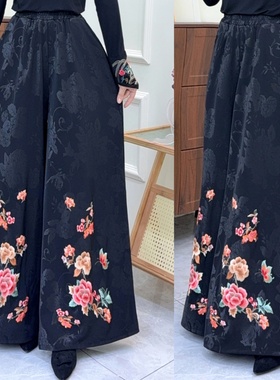 春季中国风刺绣花卉阔腿裤女宽松高腰复古长裤民族风松紧腰裤裙裤