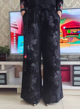 2025冬季中式复古提花阔腿裤女黑色宽松松紧腰加厚长裤民族风休闲