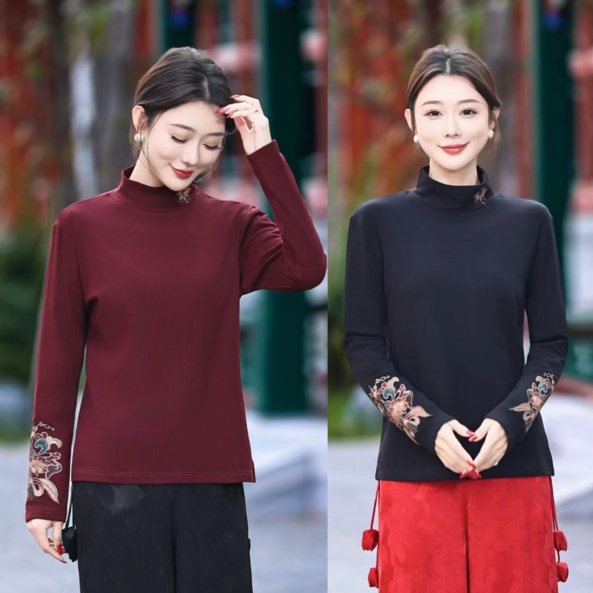 新中式2025冬季重工刺绣半高领长袖打底衫女修身保暖上衣加绒妈妈