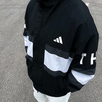 阿迪达斯夏季男子梭织复古拼接防风宽松立领长袖夹克外套JM2064