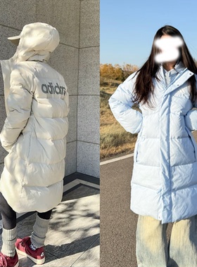 阿迪达斯男女情侣款冬季保暖鸭绒长款连帽休闲羽绒服外套KS6482