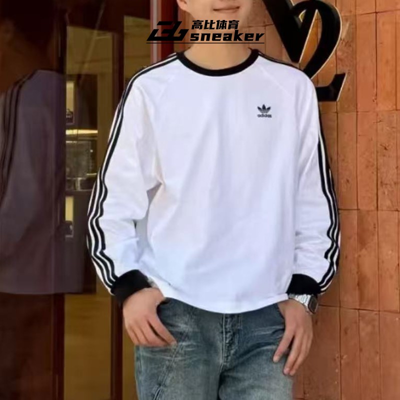Adidas三叶草男女复古三条纹运动休闲纯棉长袖圆领T恤IA4879