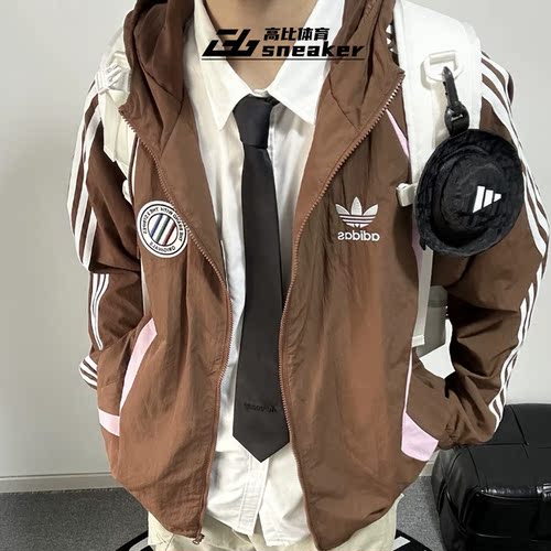 阿迪达斯三叶草男子复古拼接梭织条纹连帽宽松外套夹克JL8359