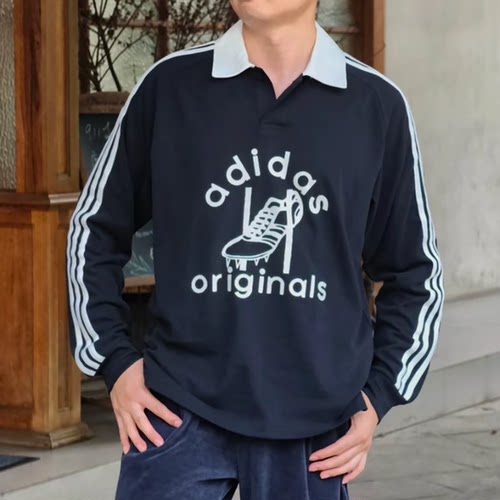 adidas三叶草专柜正品男子复古美式橄榄球衫长袖运动polo衫JD1091