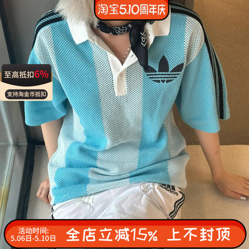 阿迪达斯三叶草男女款网眼透气针织运动宽松短袖POLO衫JL5976