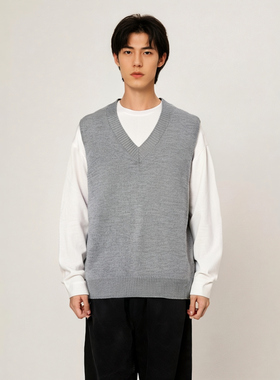 反季清仓灰色v领马甲背心男女情侣学院风叠穿衬衫坎肩无袖针织衫