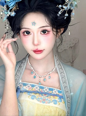 复古宫廷风蓝色串珠流苏项链女