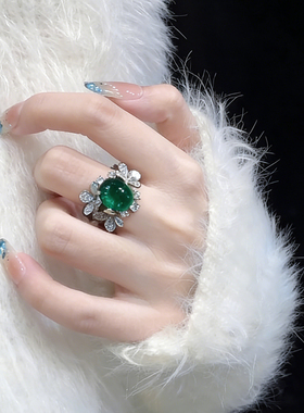 轻奢复古小众祖母绿仿宝石戒指