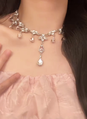 轻奢风粉色水滴流苏项链小众