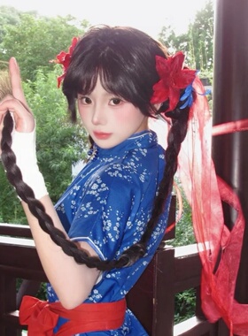 新中式复古cos小厨娘红色花朵发夹女中华娘蓝色百合花头饰万圣节