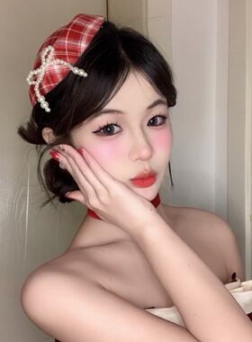 复古红色格子蝴蝶结小礼帽发夹新年圣诞氛围感雪花毛球侧边夹头饰