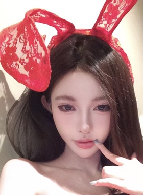 新年红色蕾丝性感兔耳朵发箍女网红主播拍照发卡发饰兔女郎面罩