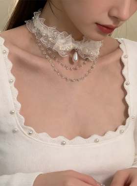 超仙白色蝴蝶结蕾丝流苏颈带