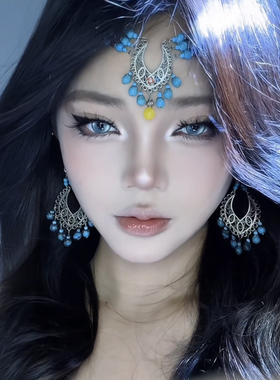 西域公主蓝色串珠额链耳环女