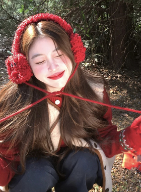 红色毛绒苹果耳暖保暖护耳包可爱耳罩新年配饰防寒耳捂子拍照耳套